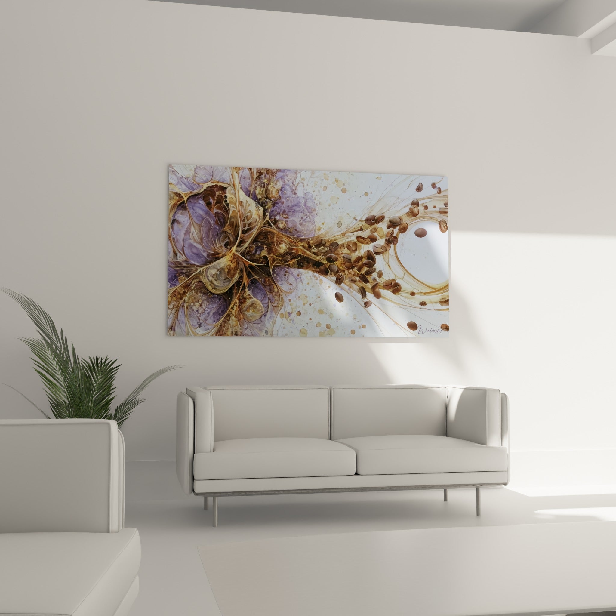 Grains de café dorés et mauves au-dessus d'un canapé dans un salon lumineux