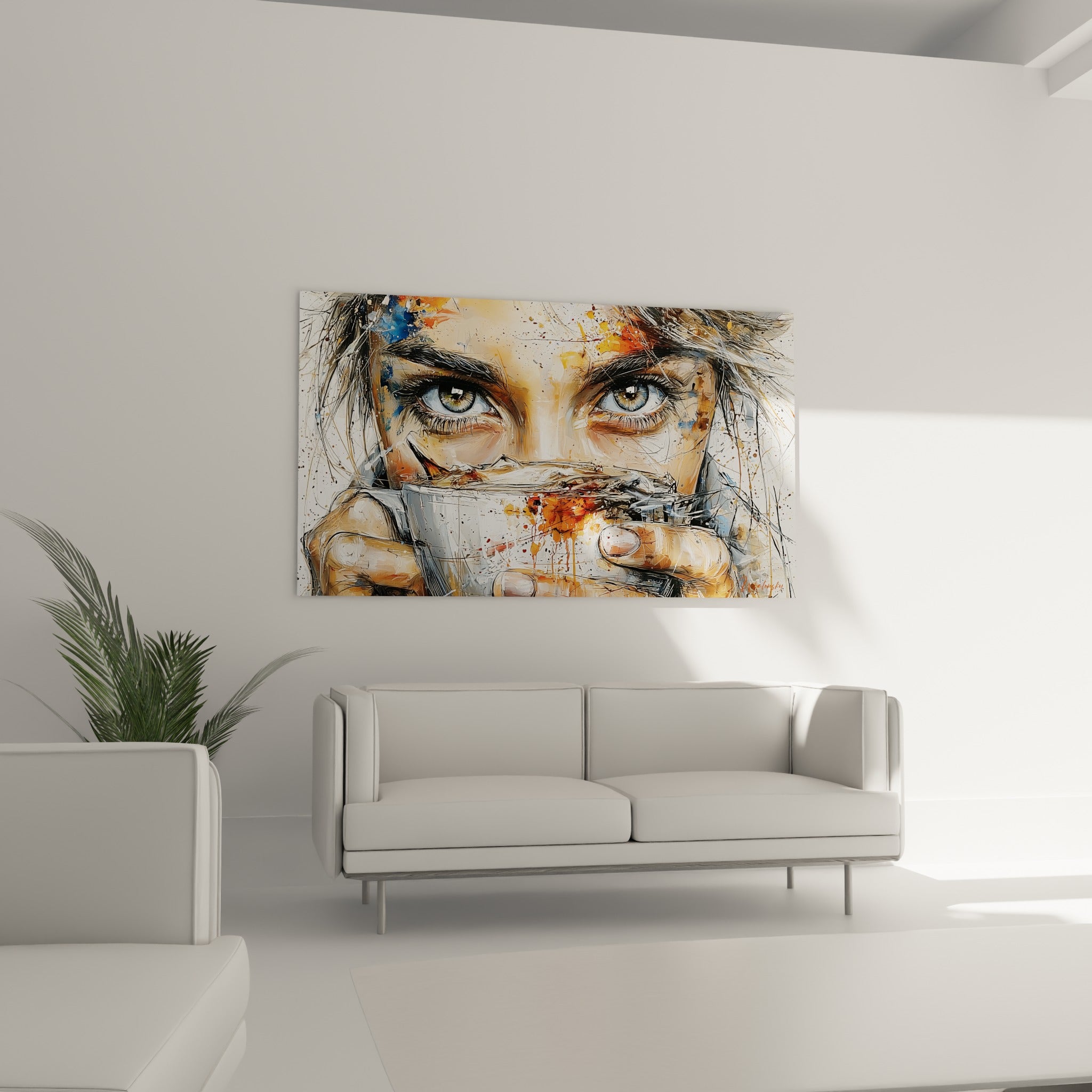 Portrait intense aux coulures bleu marine et fauve au-dessus d'un canapé dans un salon lumineux