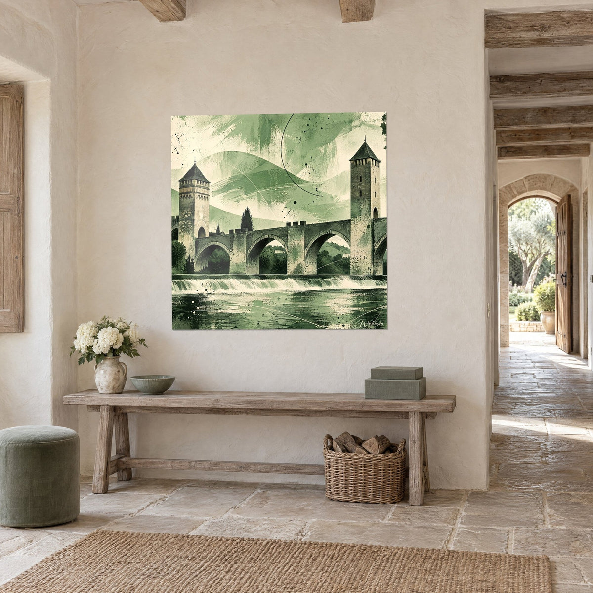 Schilderij van de middeleeuwse brug van Cahors met stenen bogen, salie- en crèmetinten, gewitte muur van een landhuis