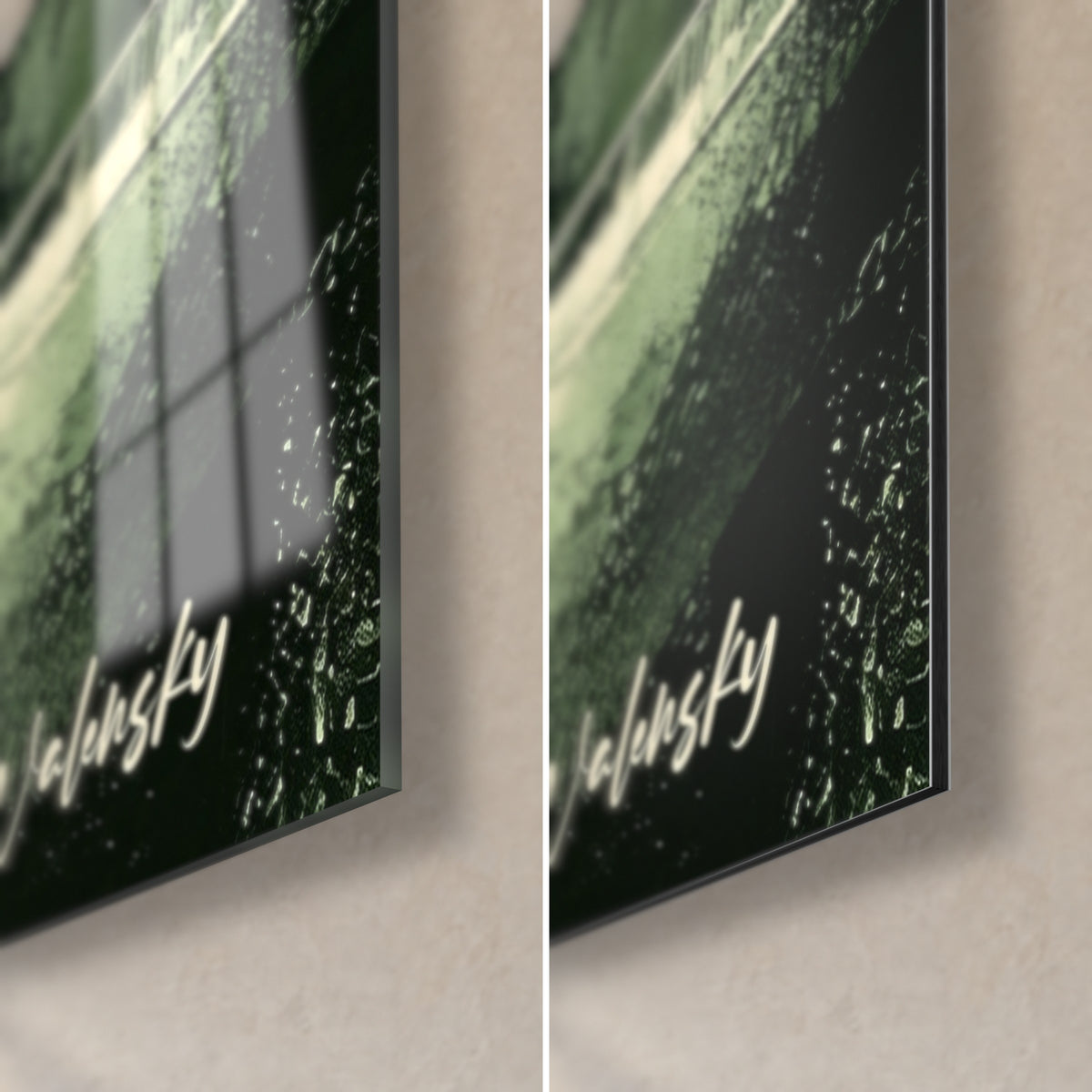 Wall art of Pont Valentré in sage green and black, bottom-right corner in glossy acrylic glass and matte Dibond aluminium, 3 mm edge