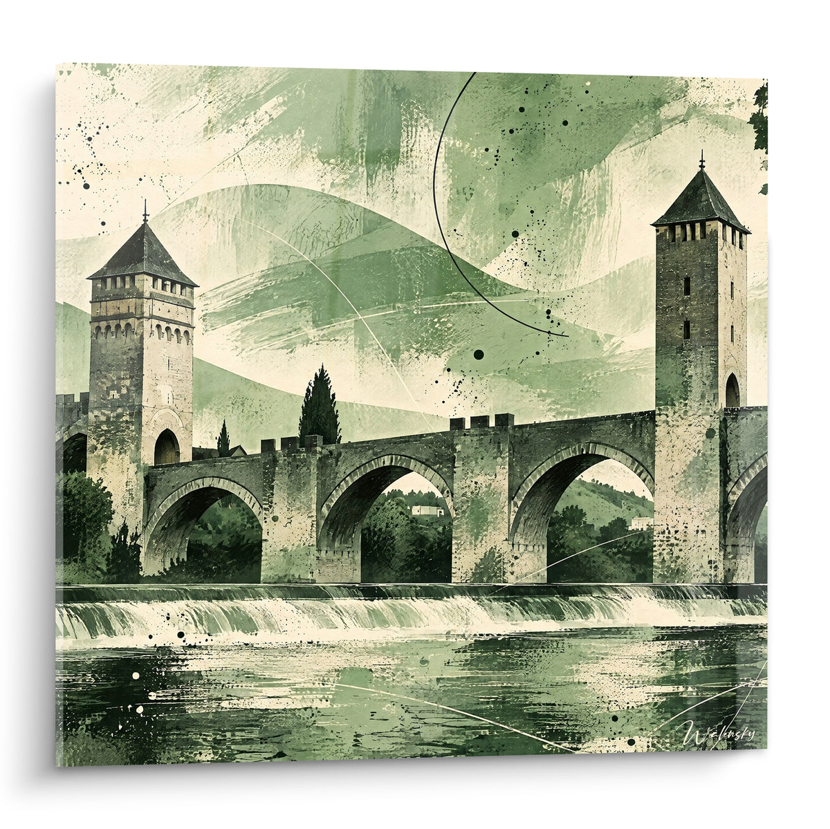 Schilderij van de versterkte Pont Valentré in oker en saliegroen, middeleeuwse torens weerspiegeld in het rustige water.