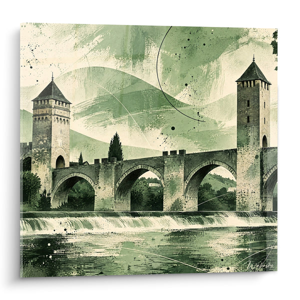 Schilderij Pont Valentré groen salie en oker - Herinnering aan stenen - Editie Cahors Occitanie Frankrijk