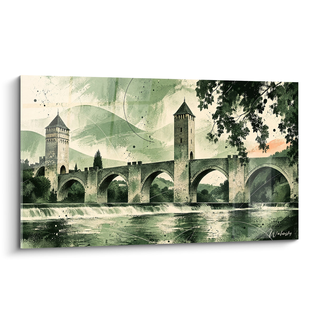 Wall art of the Pont Valentré in Cahors painted in sage green and beige, medieval towers reflected on the Lot