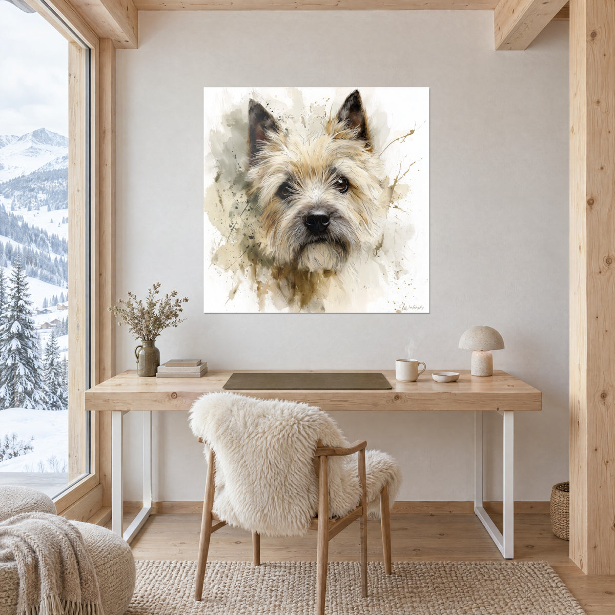 Quadro terrier scozzese ad acquerello, tartufo nero e barba grigia, tocchi beige e kaki, sulla parete di uno studio in legno chiaro
