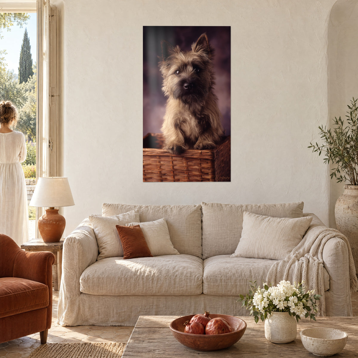 Πίνακας κουτάβι cairn terrier με μπεζ τρίχωμα και γκρι χνούδι, μαύρο μουσούδι, πόδι ακουμπισμένο σε καφέ καλάθι από ψάθα, πάνω από καναπέ σε φωτεινό σαλόνι
