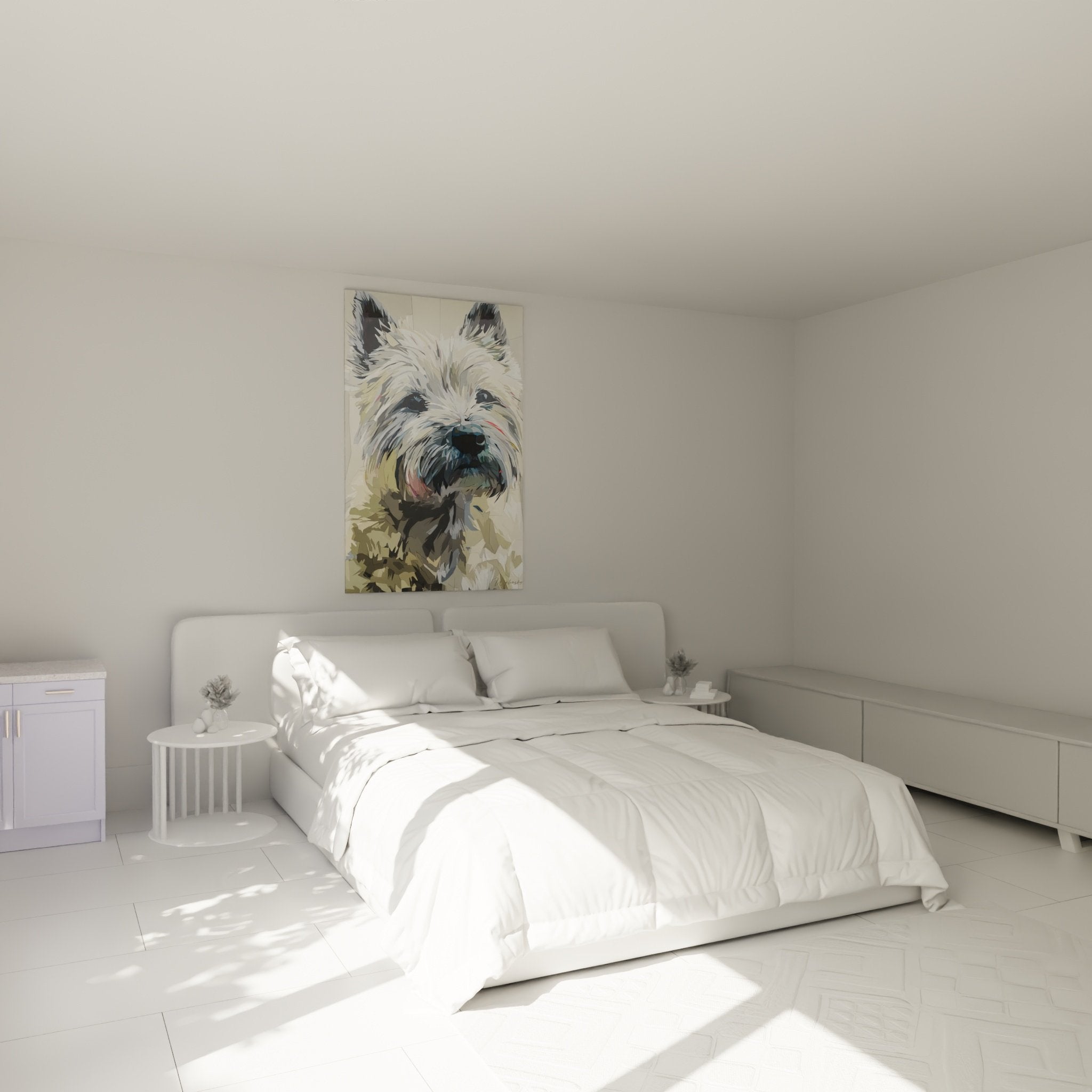Tableau Cairn Terrier décorant une chambre moderne, ambiance douce et chaleureuse sur mur clair