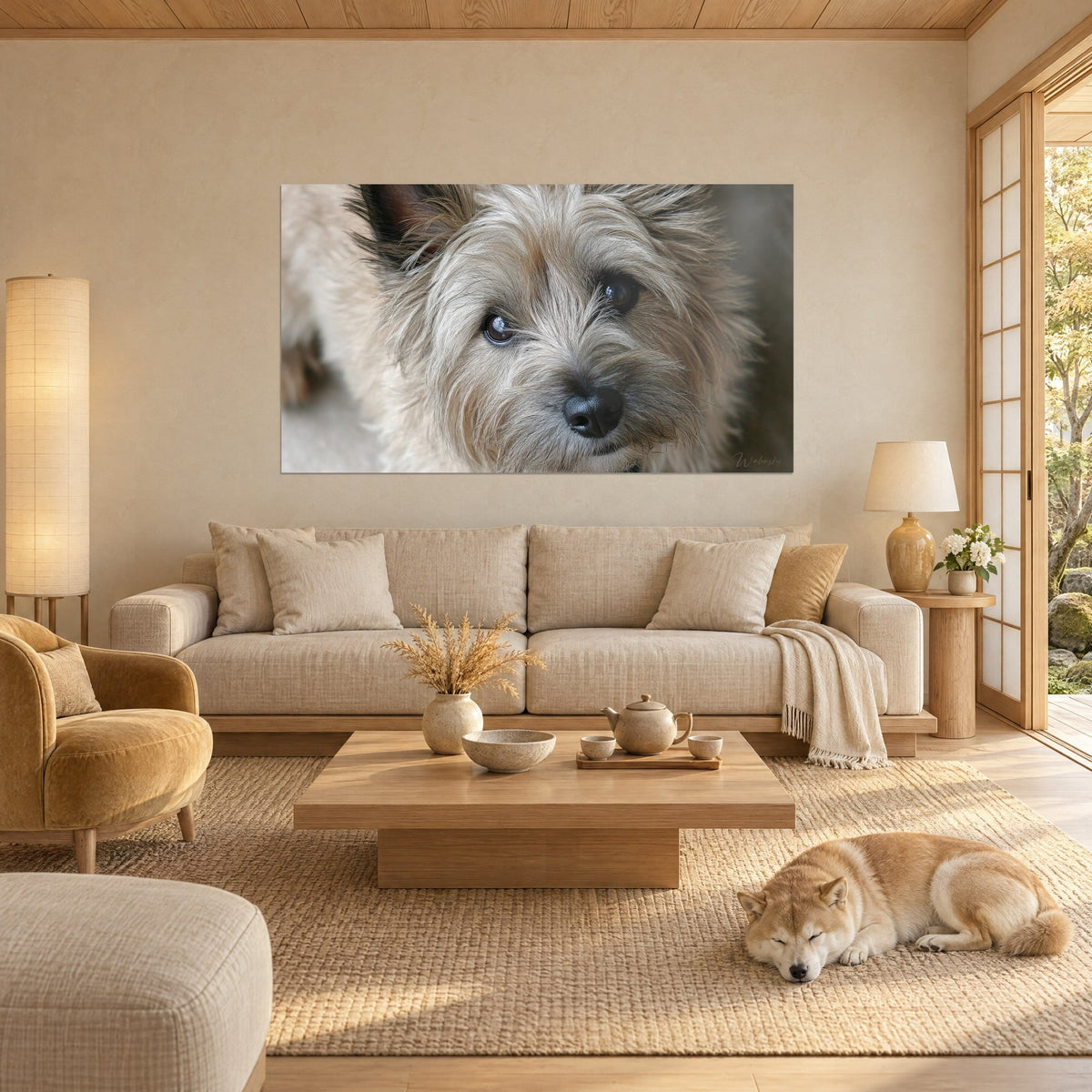 Schilderij Cairn Terrier met zand- en crèmekleurige vacht, glanzende bruine blik, slapende shiba, boven een bank in een lichte woonkamer