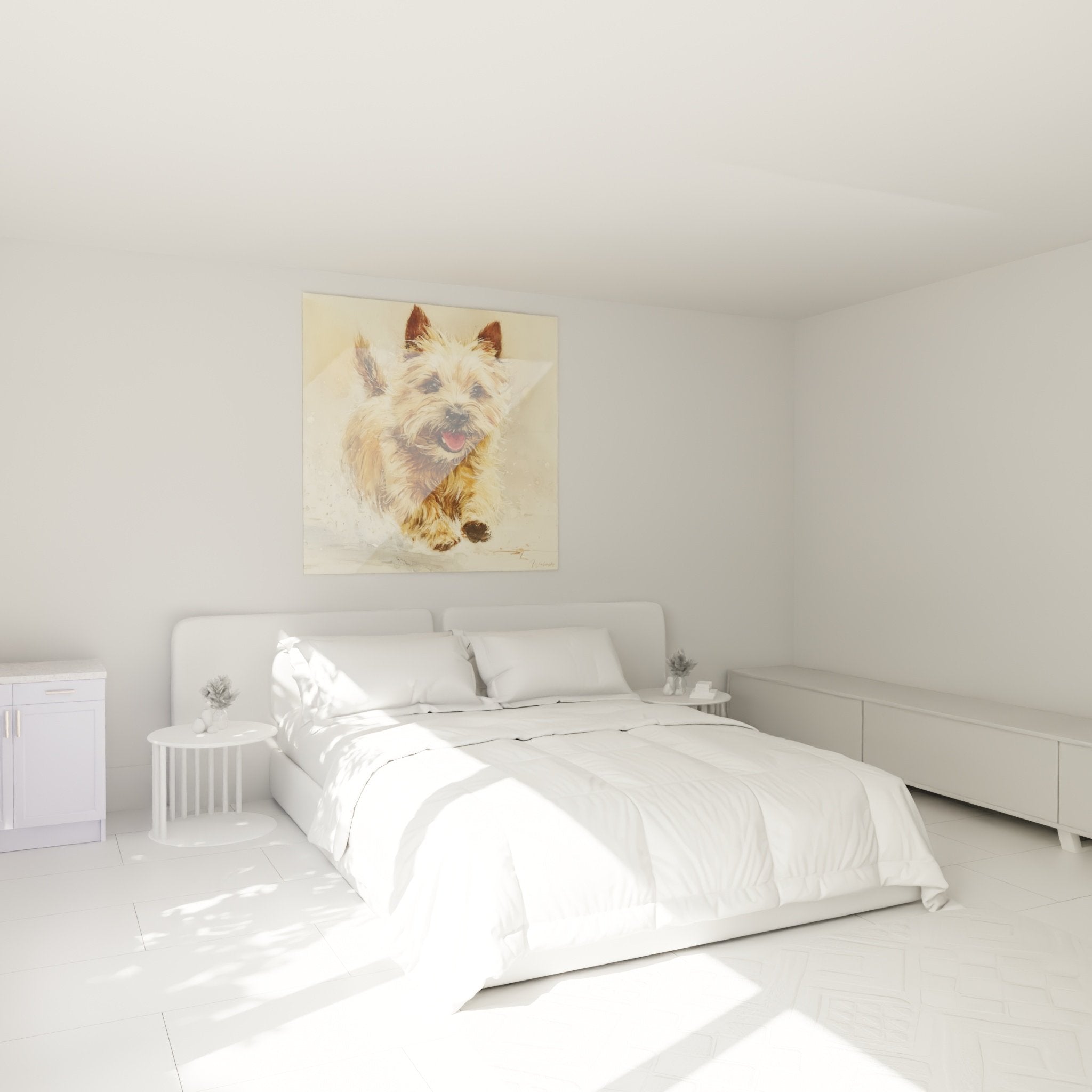 Tableau Cairn Terrier aquarelle accroché chambre décoration murale chien joyeux tons chauds beiges