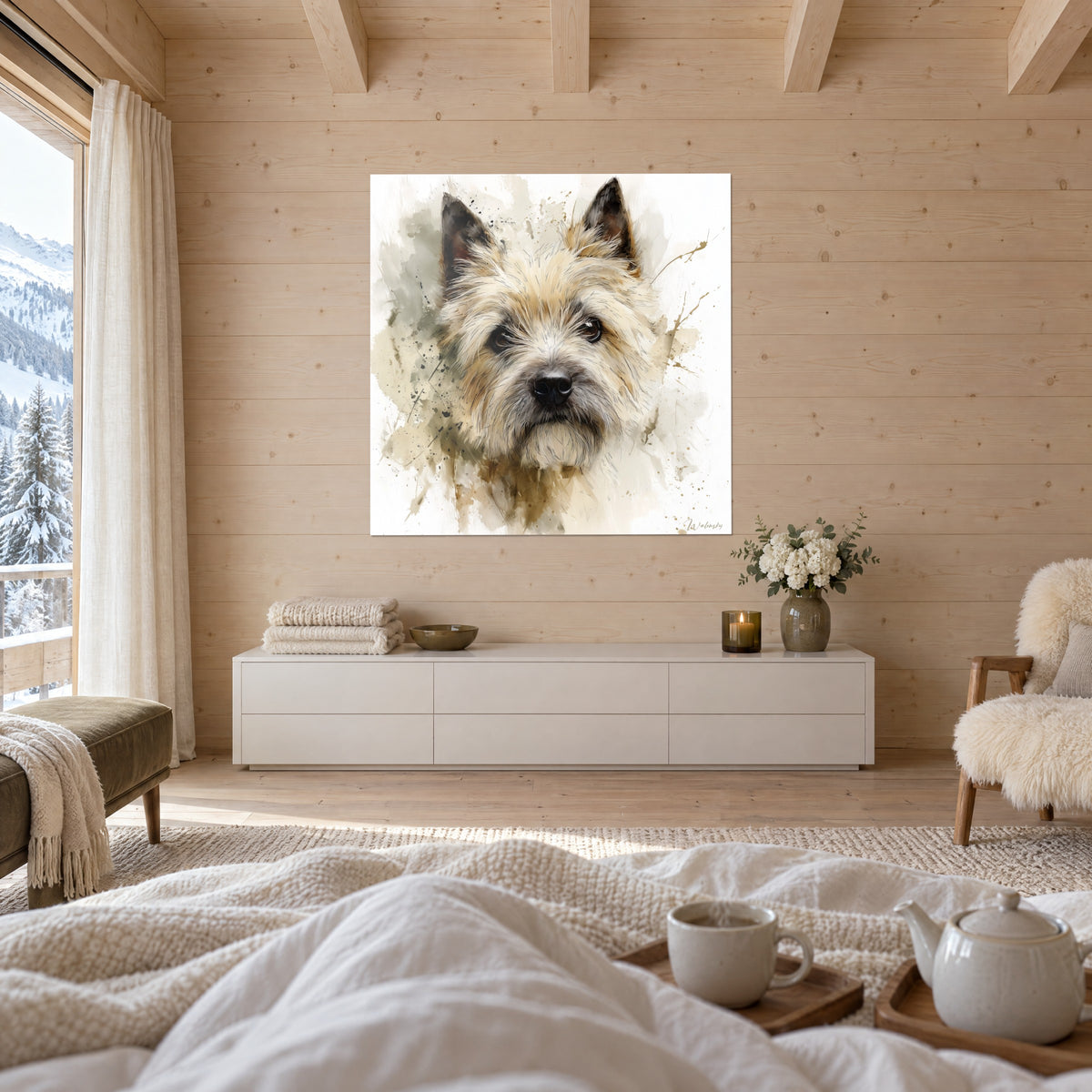 Quadro piccolo terrier dallo sguardo tenero, pelo biondo chiaro e grigio, striature ocra marrone, sopra un letto in una camera luminosa