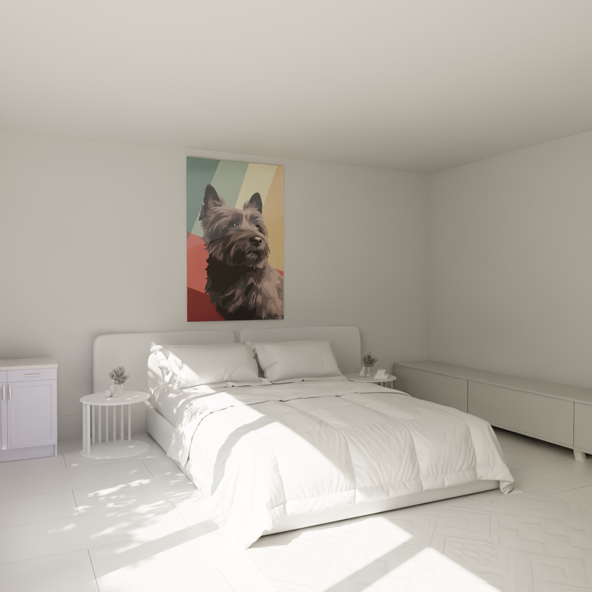 Tableau Cairn Terrier couleurs douces dans chambre moderne decoration murale contemporaine apaisante
