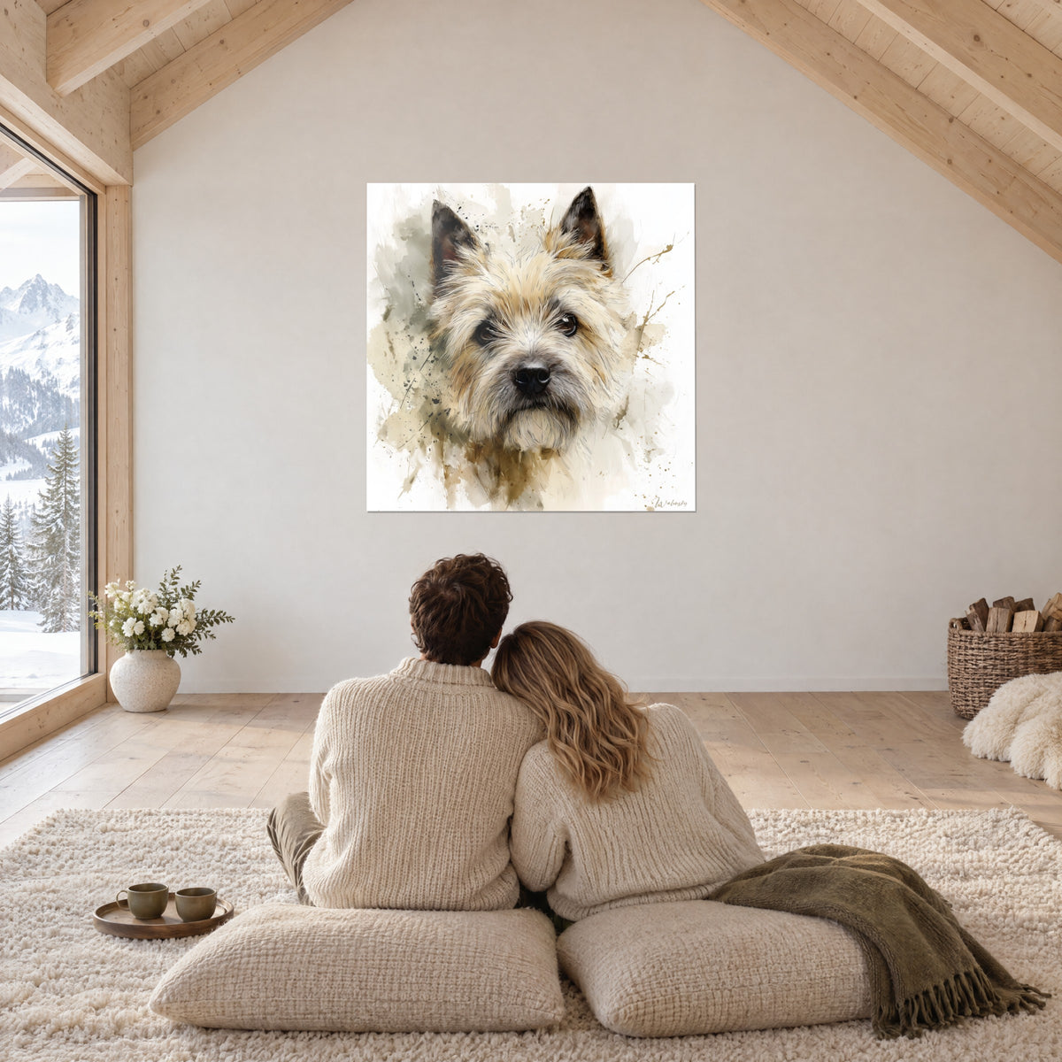 Quadro muso di terrier dal pelo biondo cenere, orecchie ritte marrone nerastro, bagliori ocra e oliva, sotto la travatura di uno chalet bianco