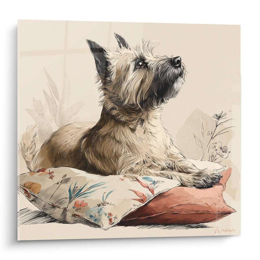 Tableau Chien Terrier au Regard Tendre sur Coussins Fleuris - Tendresse Canine - Edition Cairn Terrier