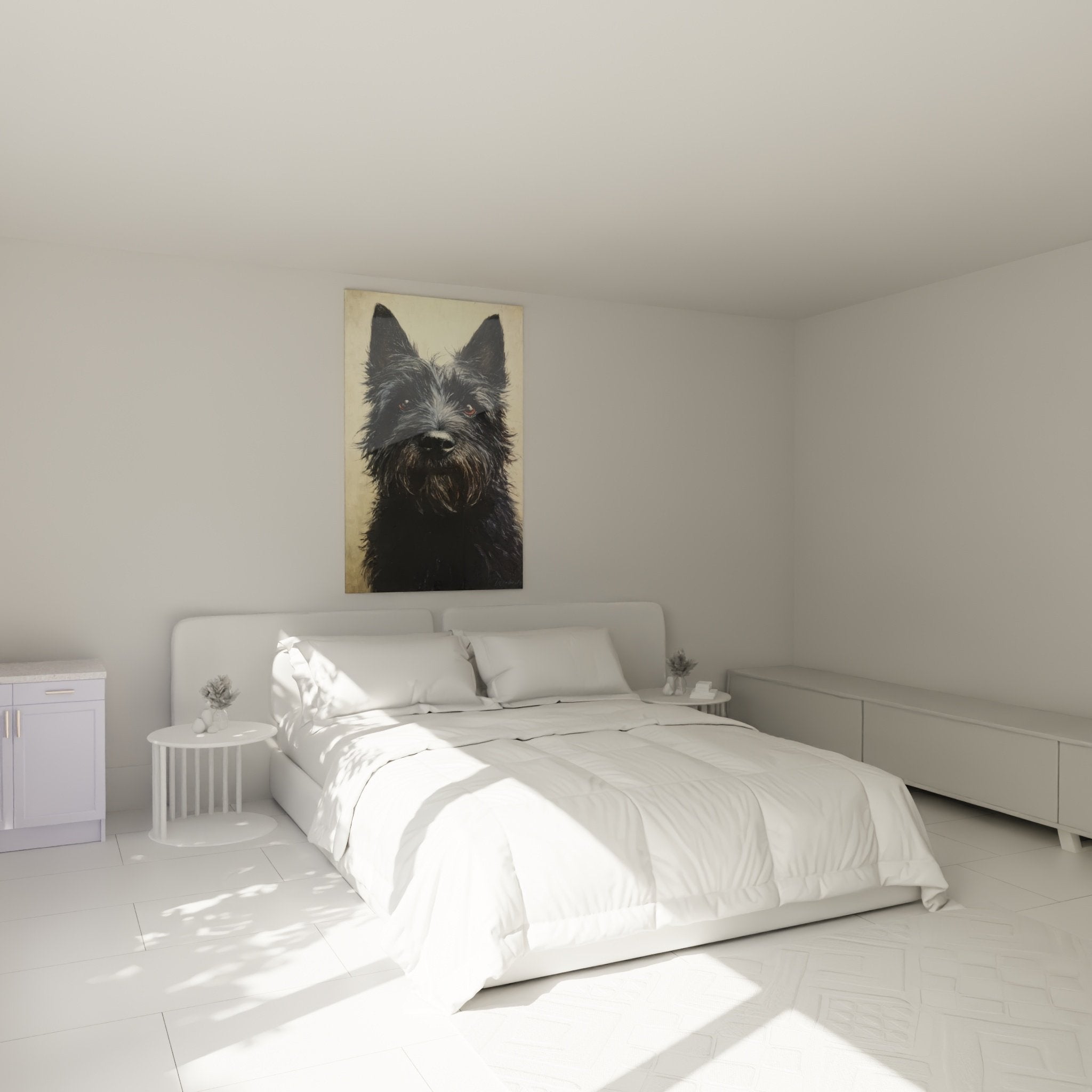 Tableau Cairn Terrier au regard expressif installé au-dessus d'un lit dans une chambre aux tons neutres