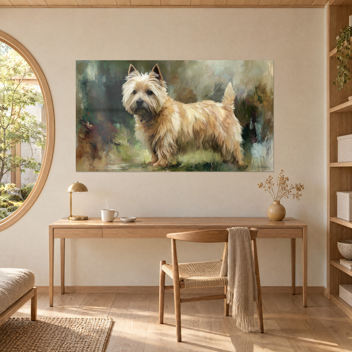 Quadro di cairn terrier dal pelo fulvo arruffato, tartufo nero, tocchi turchesi e marroni, appeso sopra una scrivania in legno chiaro
