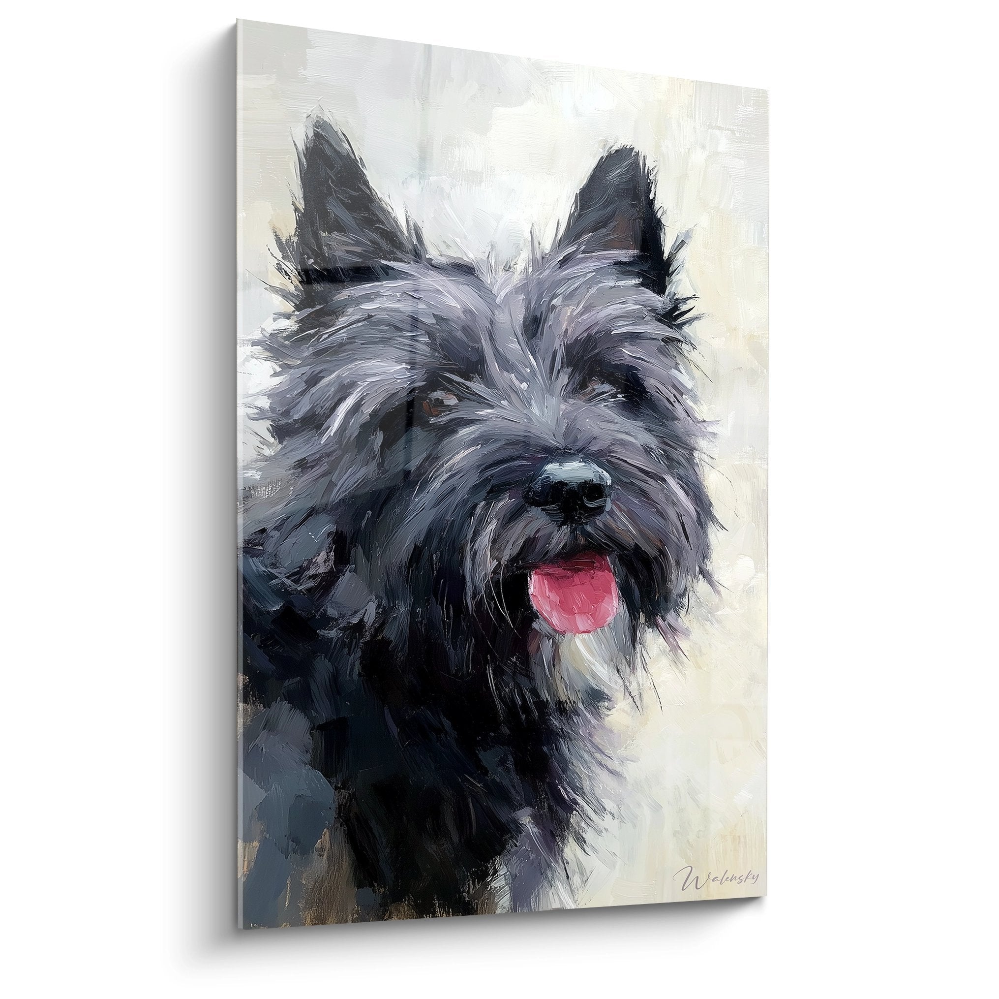 Portrait peint d'un Cairn Terrier gris langue rose sur fond clair, style impressionniste expressif