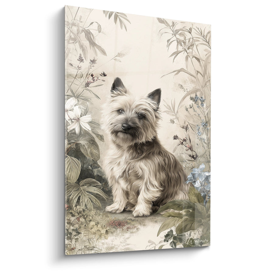 Tableau Chien aux Oreilles Dressées dans Jardin Botanique - Élégance Florale - Edition Cairn Terrier
