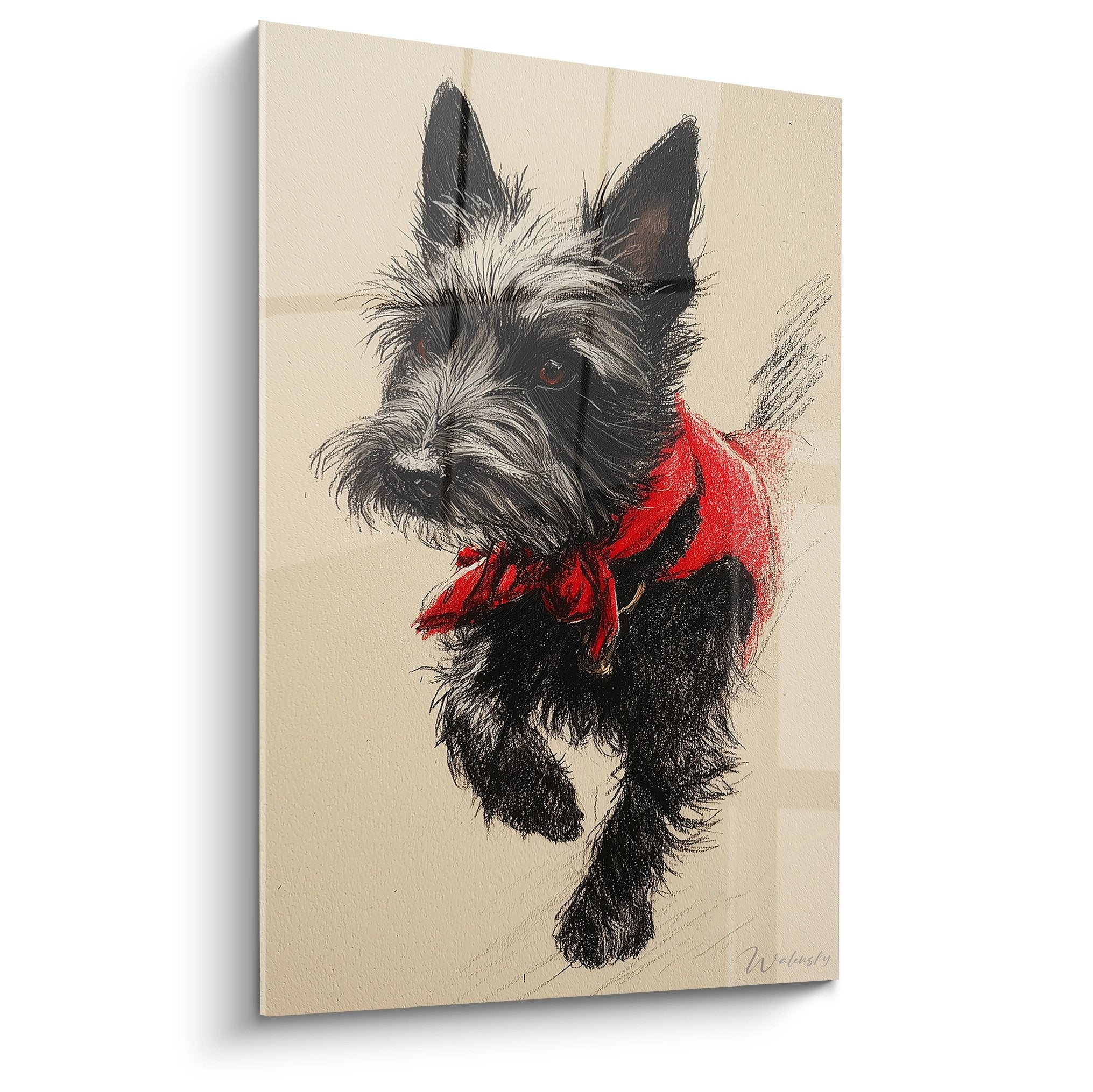 Tableau portrait Cairn Terrier noir aux longs poils avec foulard rouge sur fond beige pastel