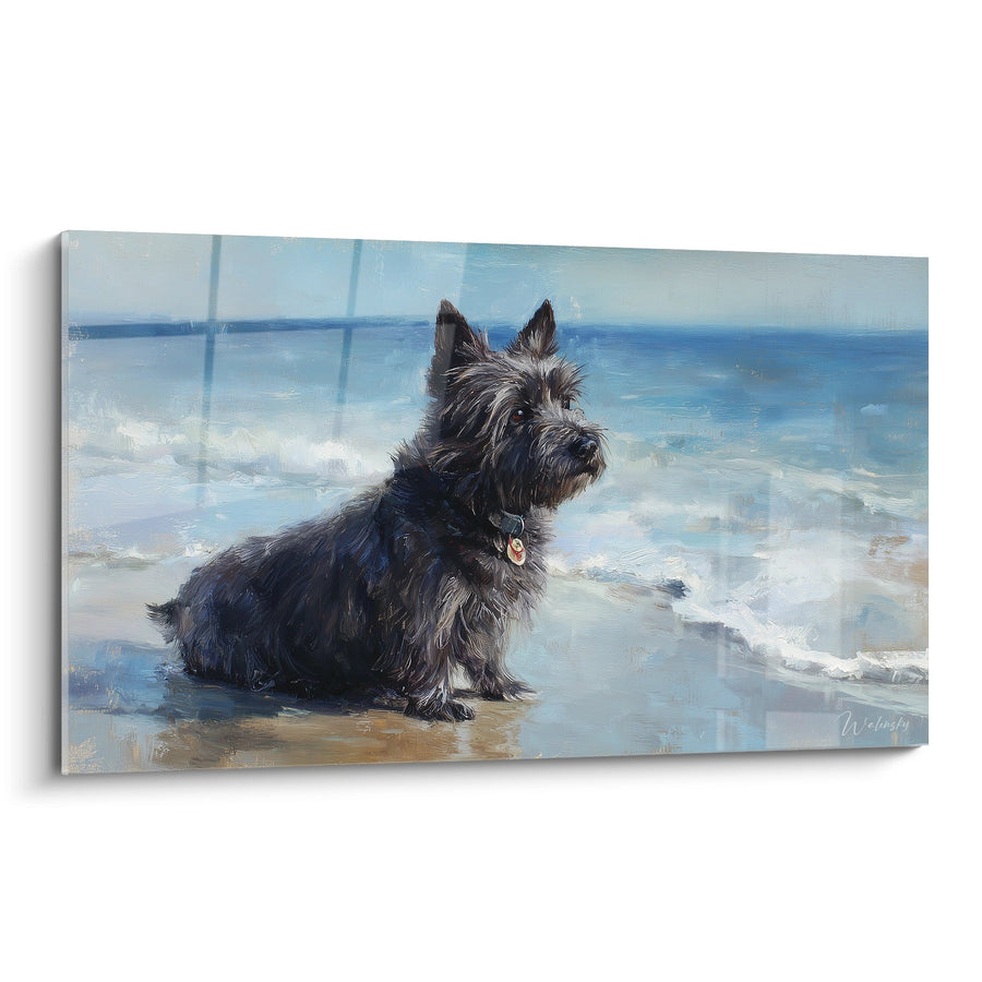 Tableau Chien Noir sur Plage aux Vagues Écumantes - Regard Océanique - Edition Cairn Terrier