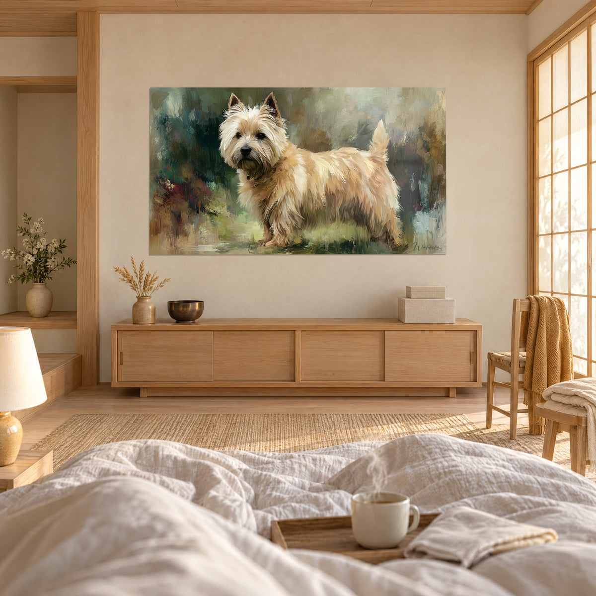 Quadro di piccolo terrier dal pelo sabbia e miele, coda alzata, sfondo verde intenso, due persone di spalle sopra un letto in una camera luminosa