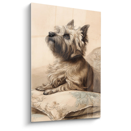 Klassisches Porträt eines Cairn Terriers mit goldenem Fell, das auf einem bestickten Kissen in Beige- und Sepiatönen liegt