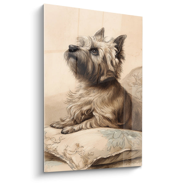 Cuadro de Perro Terrier de Pelo Revuelto Sobre Cojín Floral - Retrato Clásico - Edición Cairn Terrier