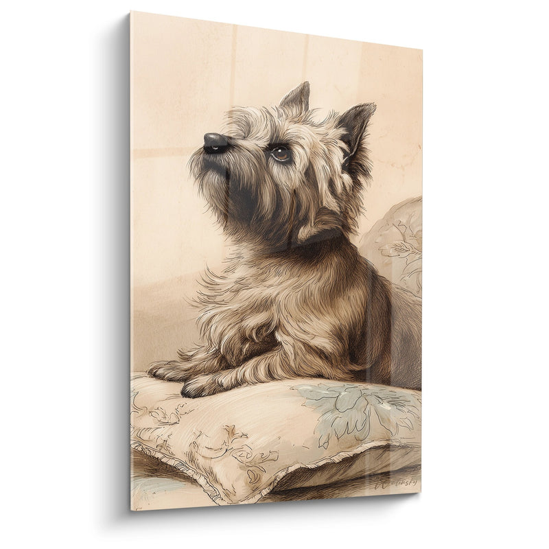 Hundetableau Terrier mit Strubbeligem Haar auf Blumenkissen - Klassisches Porträt - Cairn Terrier Edition