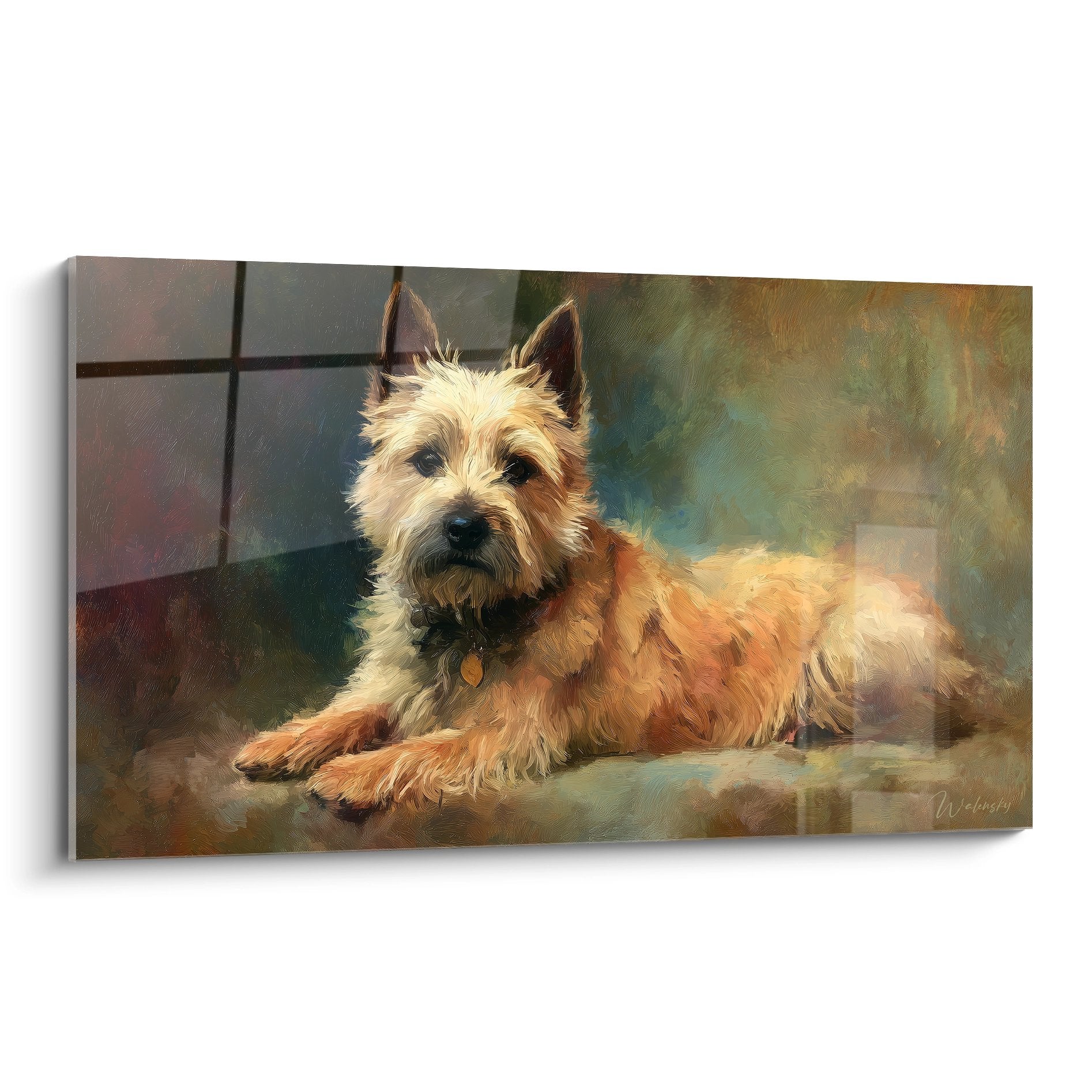 Portrait artistique Cairn Terrier aux tons dorés et ocre allongé dans pose contemplative