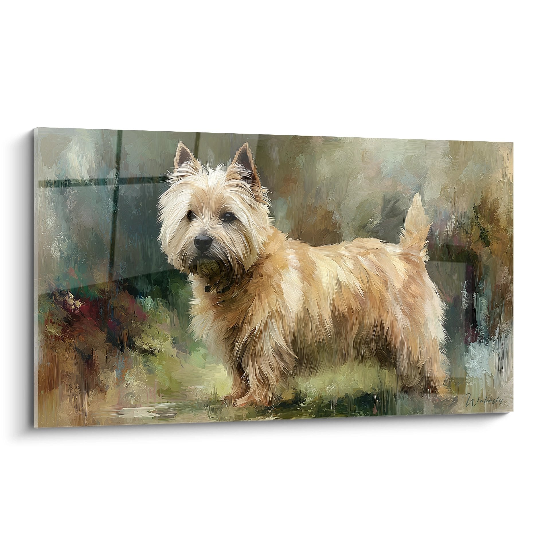 Tableau portrait Cairn Terrier pelage doré style impressionniste fond vert ocre - Edition artistique canine