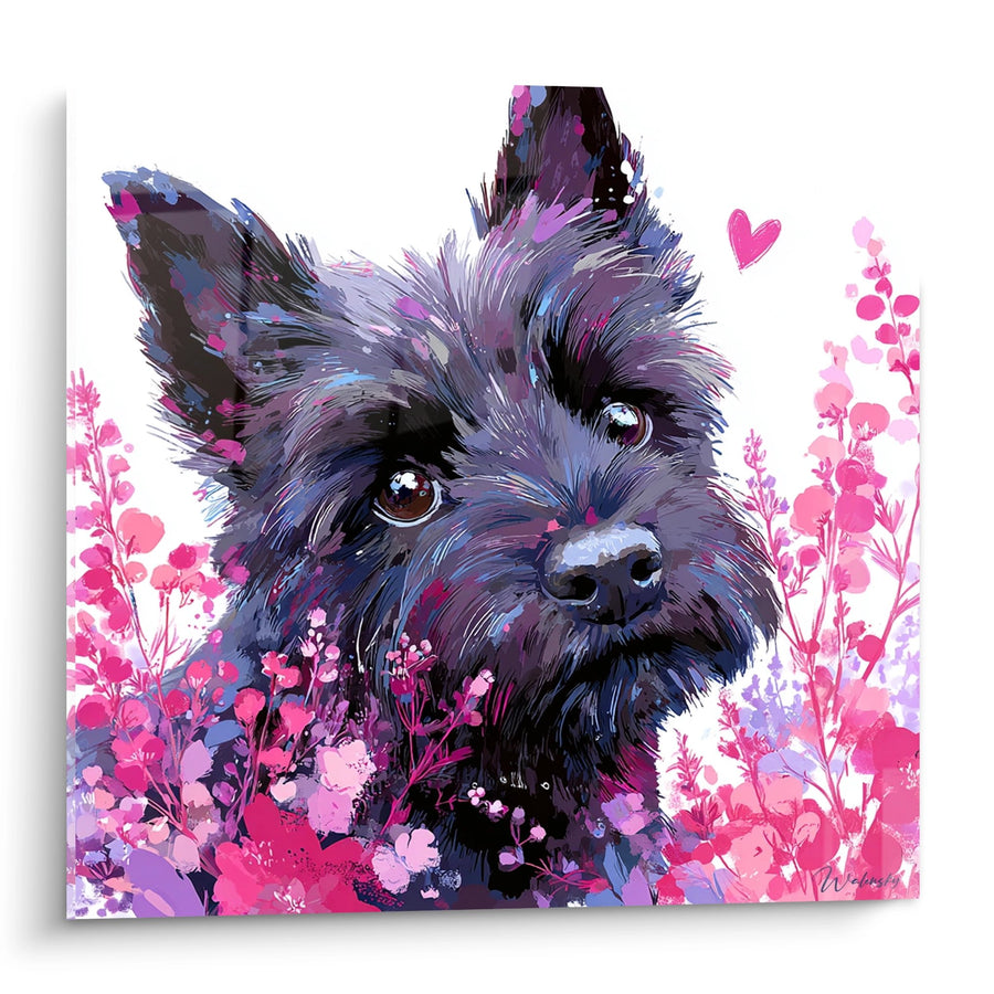 Tableau Chien aux Tons Violets et Roses dans un Jardin Fleuri - Regard Tendre - Edition Cairn Terrier