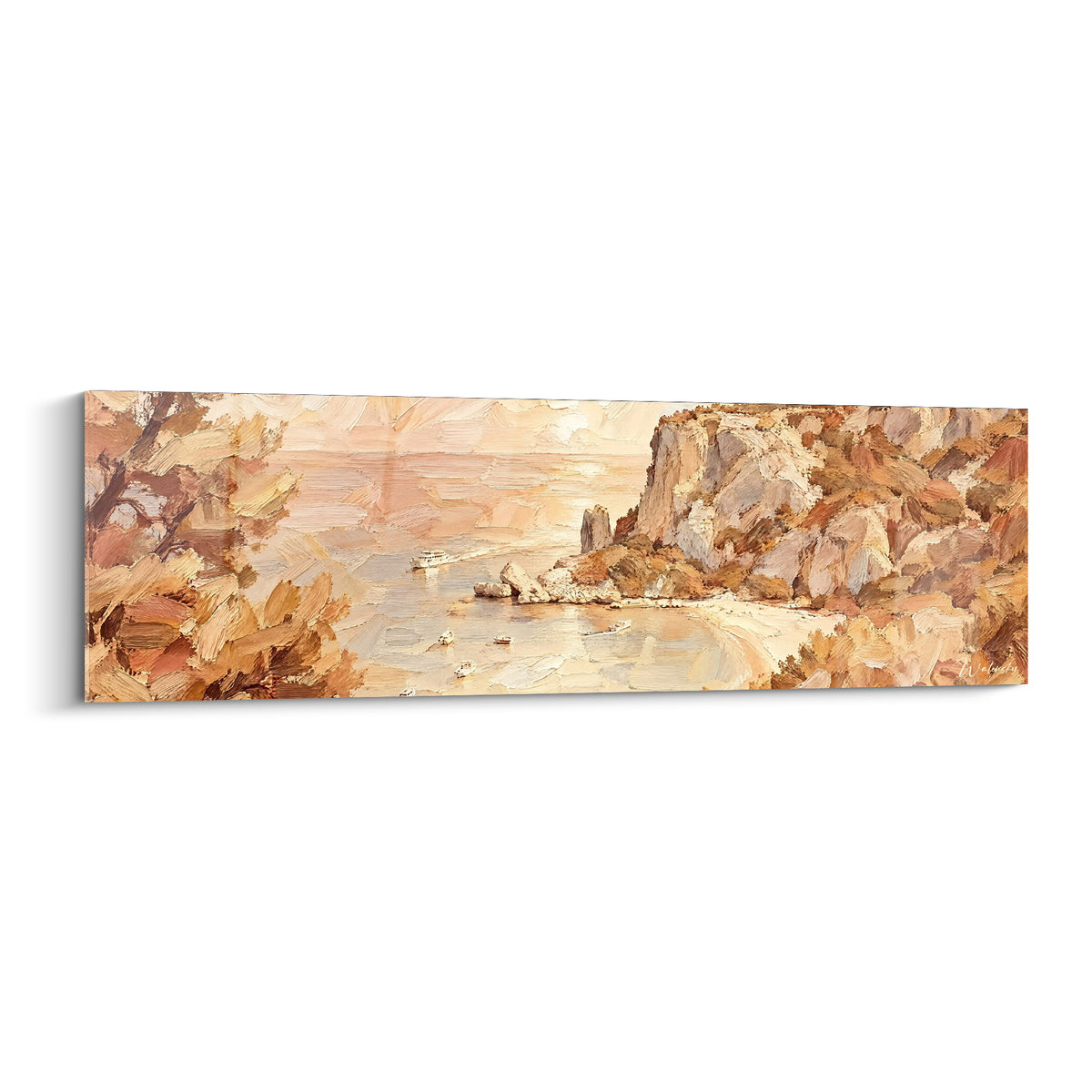 Tableau crique rocheuse aux teintes ocre et terracotta surplombant une mer calme turquoise