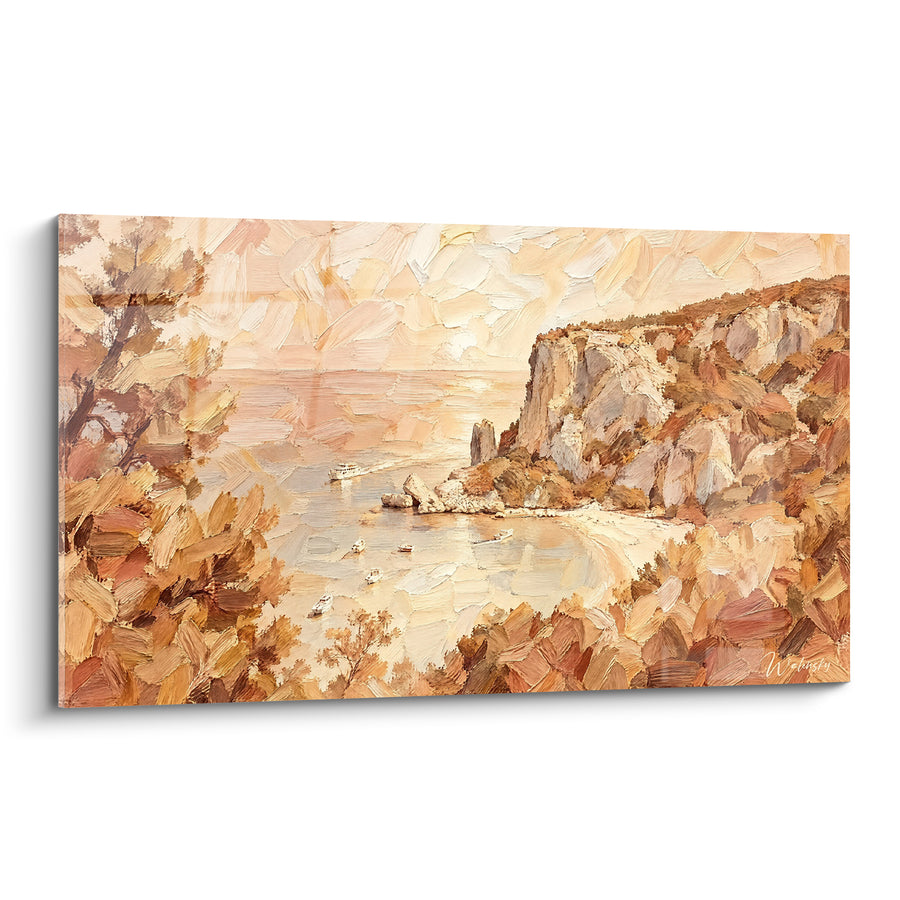 Tableau Crique ocre et falaise dorée - Lumière sur la baie - Edition Cala Goloritzé Sardaigne Italie