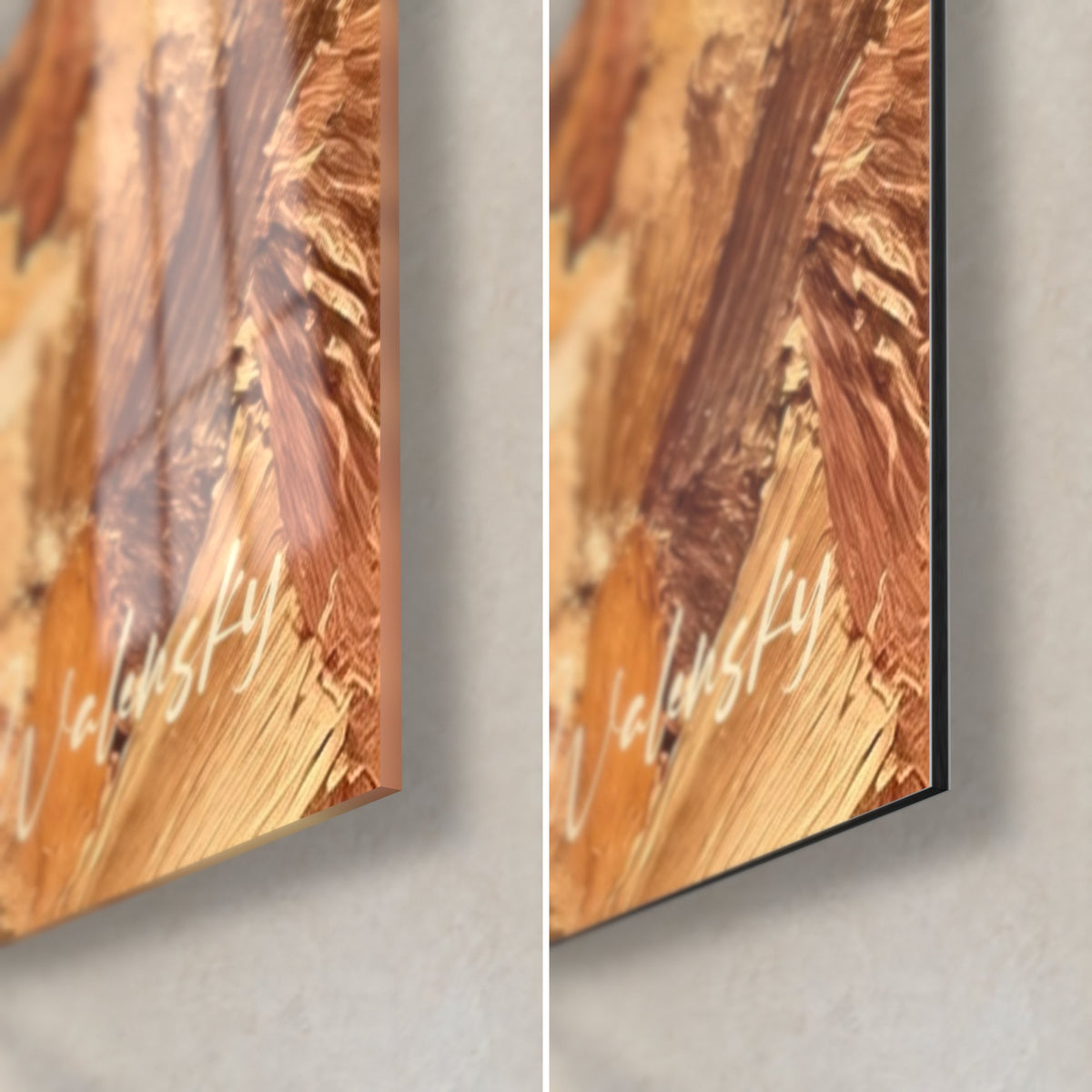 Tableau paysage marin en coups de couteau, coin bas droit : verre acrylique brillant ocre et ivoire, Dibond mat, tranche 3 mm