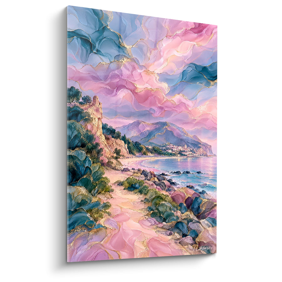 Tableau Côte rocheuse aux nuages roses et turquoise - Rêverie côtière - Edition Cala Gonone Sardaigne Italie