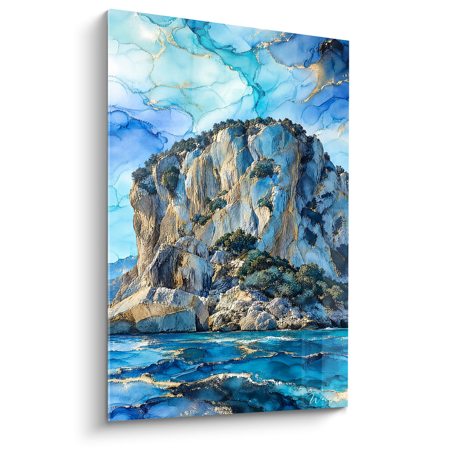 Tableau Falaise calcaire bleue et dorée surplombant la mer - Refuge rocheux - Edition Cala Gonone Sardaigne Italie