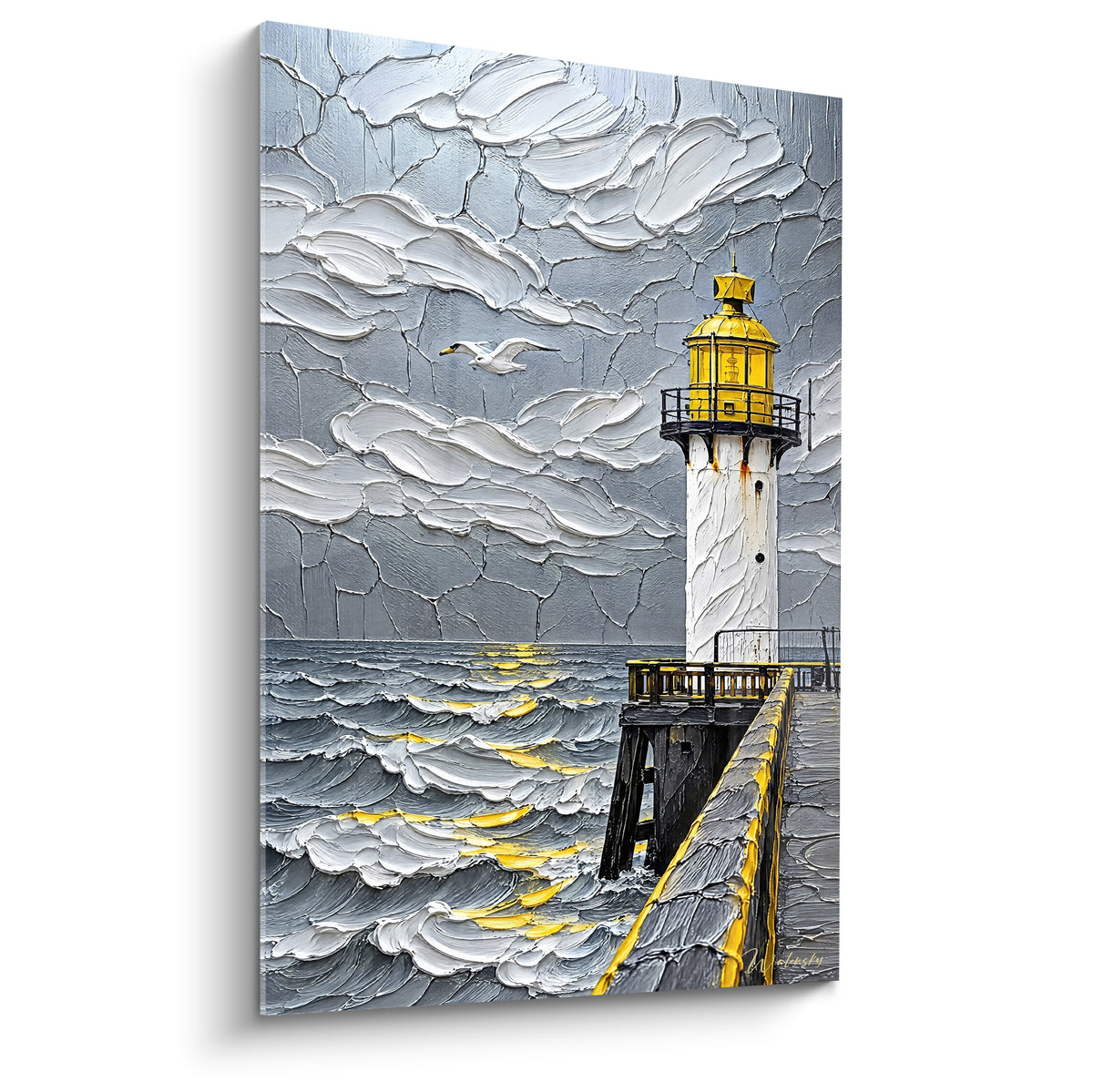 Gemälde weißer Leuchtturm mit gelber Laterne auf schwarzer Mole, bewegtes blaugraues Meer unter anthrazitfarbenem, strukturiertem Himmel