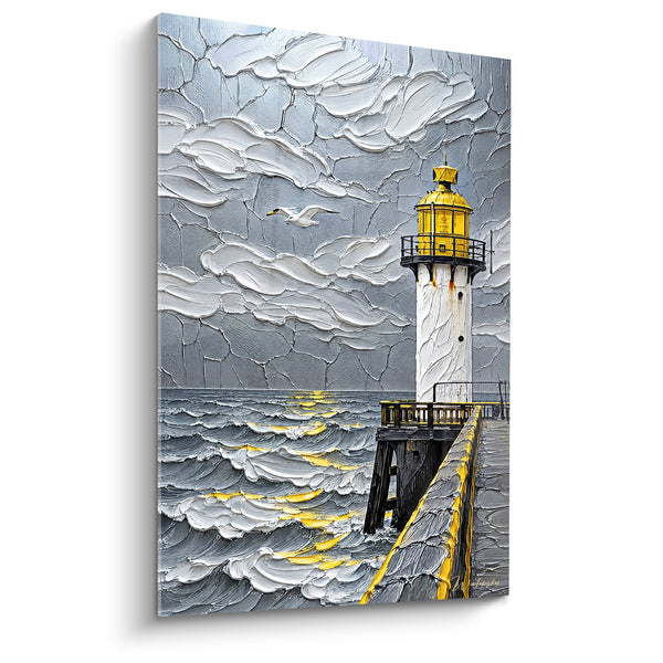 Gemälde Leuchtturm weiß und gelb auf grauer Mole - Wächter der Stürme - Edition Calais Hauts-de-France Frankreich