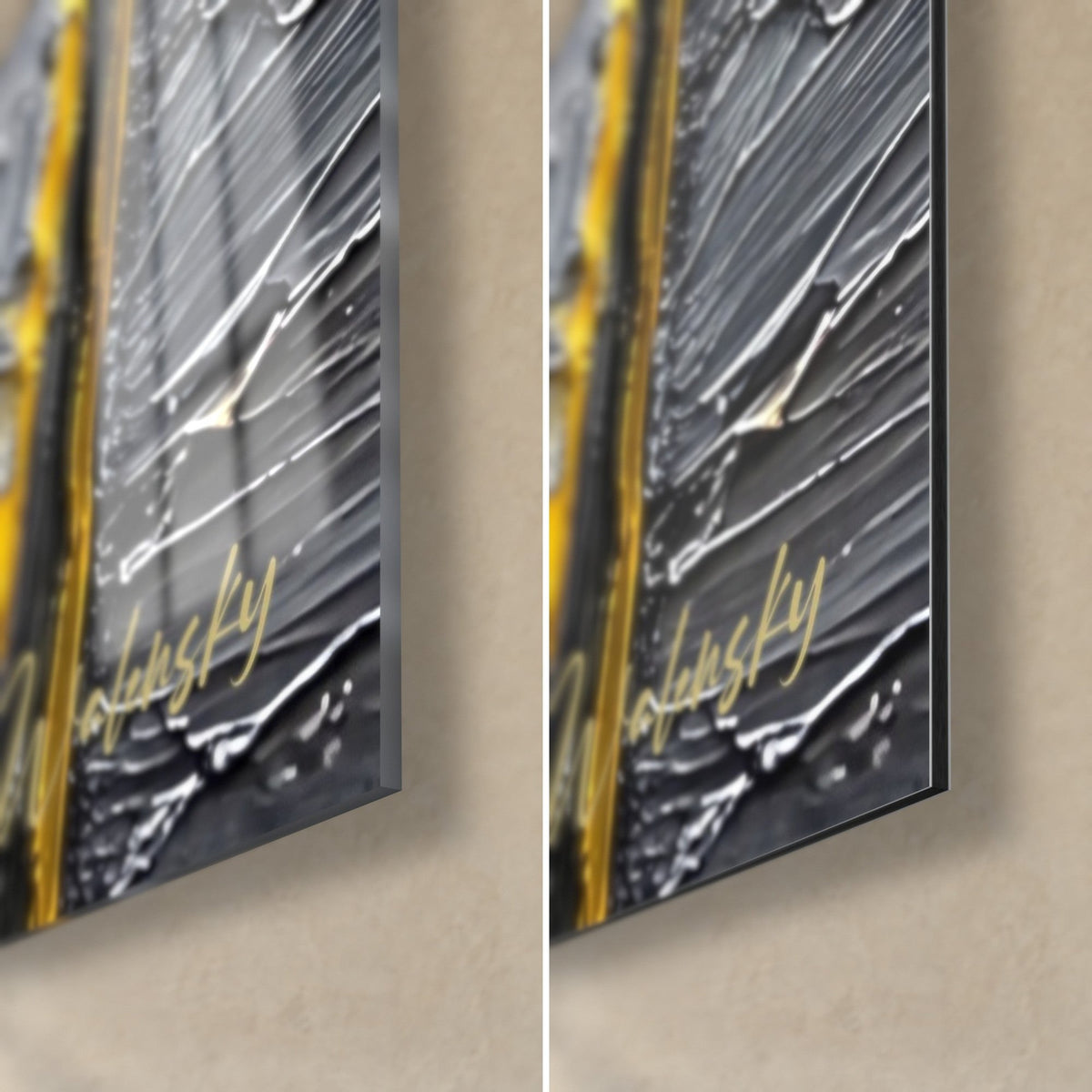 Gemälde weißer und gelber Leuchtturm, untere rechte Ecke: glänzendes Acrylglas mit Reflexen, mattes graues Dibond, 3 mm Kante, goldene Signatur