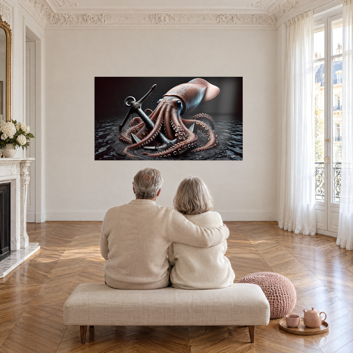 Tableau kraken rosé aux ventouses crème, ancre rouillée et eau d'encre, contemplé par un couple dans un salon haussmannien
