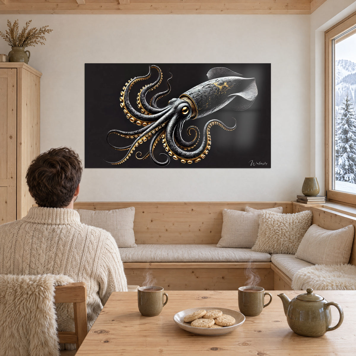 Tableau seiche mythique aux bras sinueux noir charbon et or, œil doré brillant, sur un mur blanc près d'un grand salon de chalet
