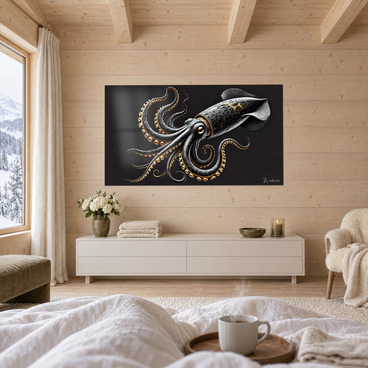 Tableau encornet sombre aux ventouses d'or, deux nageoires grises déployées, au-dessus d'un lit dans une chambre claire