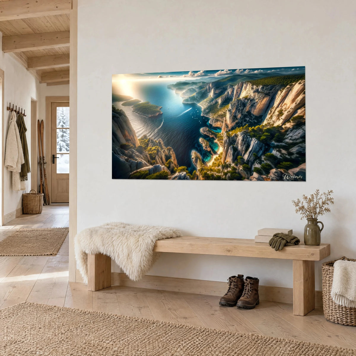 Wall art Mediterranean coves, ochre limestone walls and turquoise water, green pines, above a wooden bench in the entryway