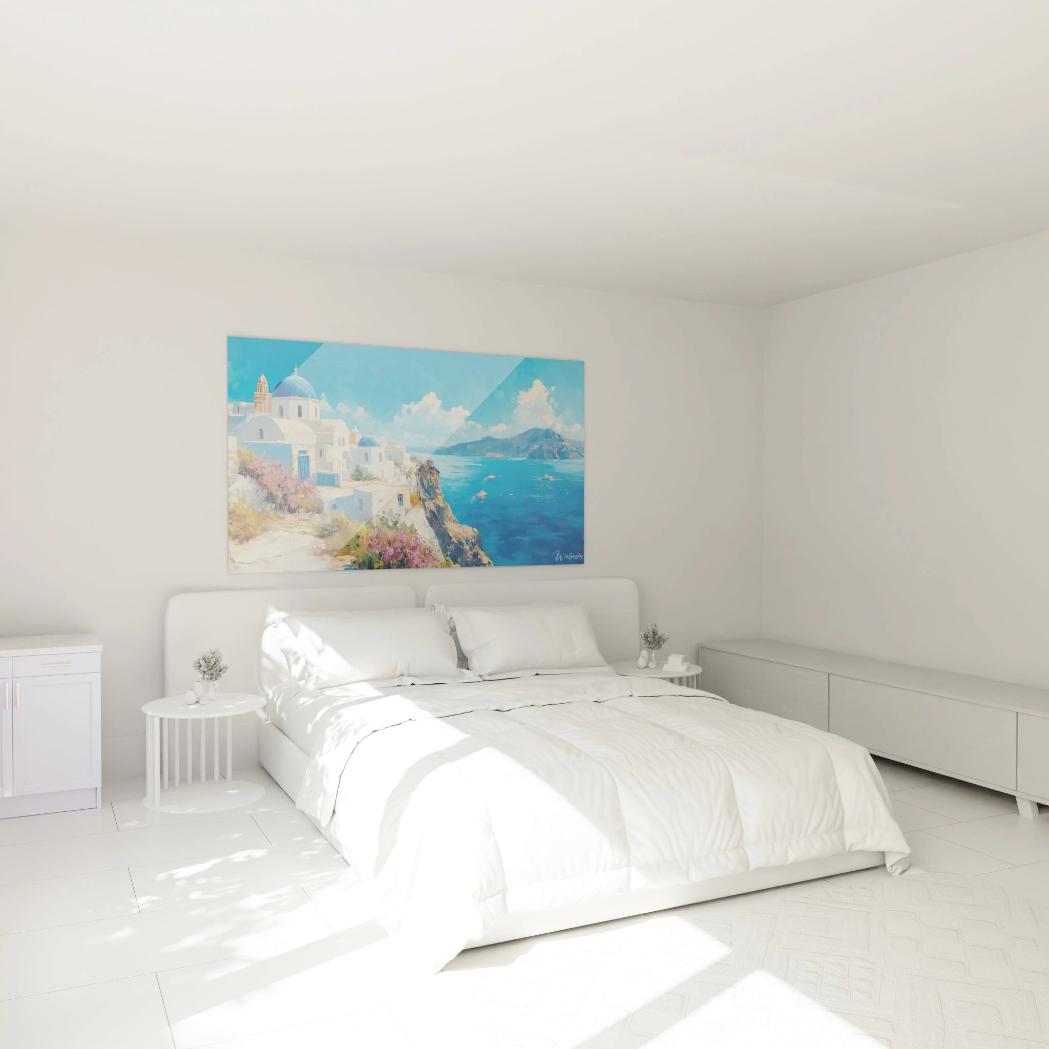 Tableau méditerranéen capturant l'architecture cycladique de Santorini avec ses bâtiments blancs immaculés, dômes bleu cobalt, contre la mer Égée turquoise, sous un ciel clair, agrémenté de touches florales roses.
