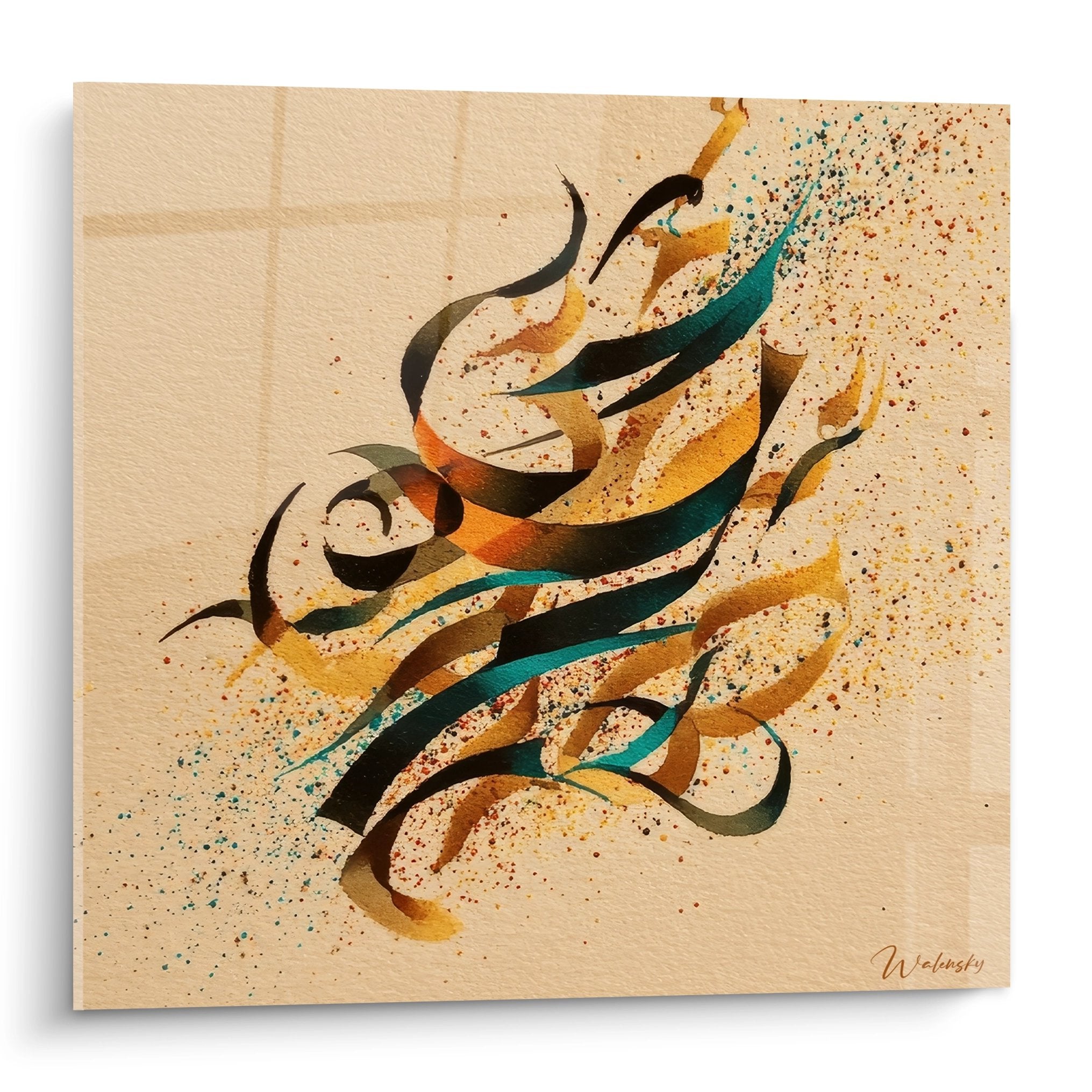 Tableau mural calligraphie abstraite aux tons dorés et turquoise sur fond beige avec formes fluides