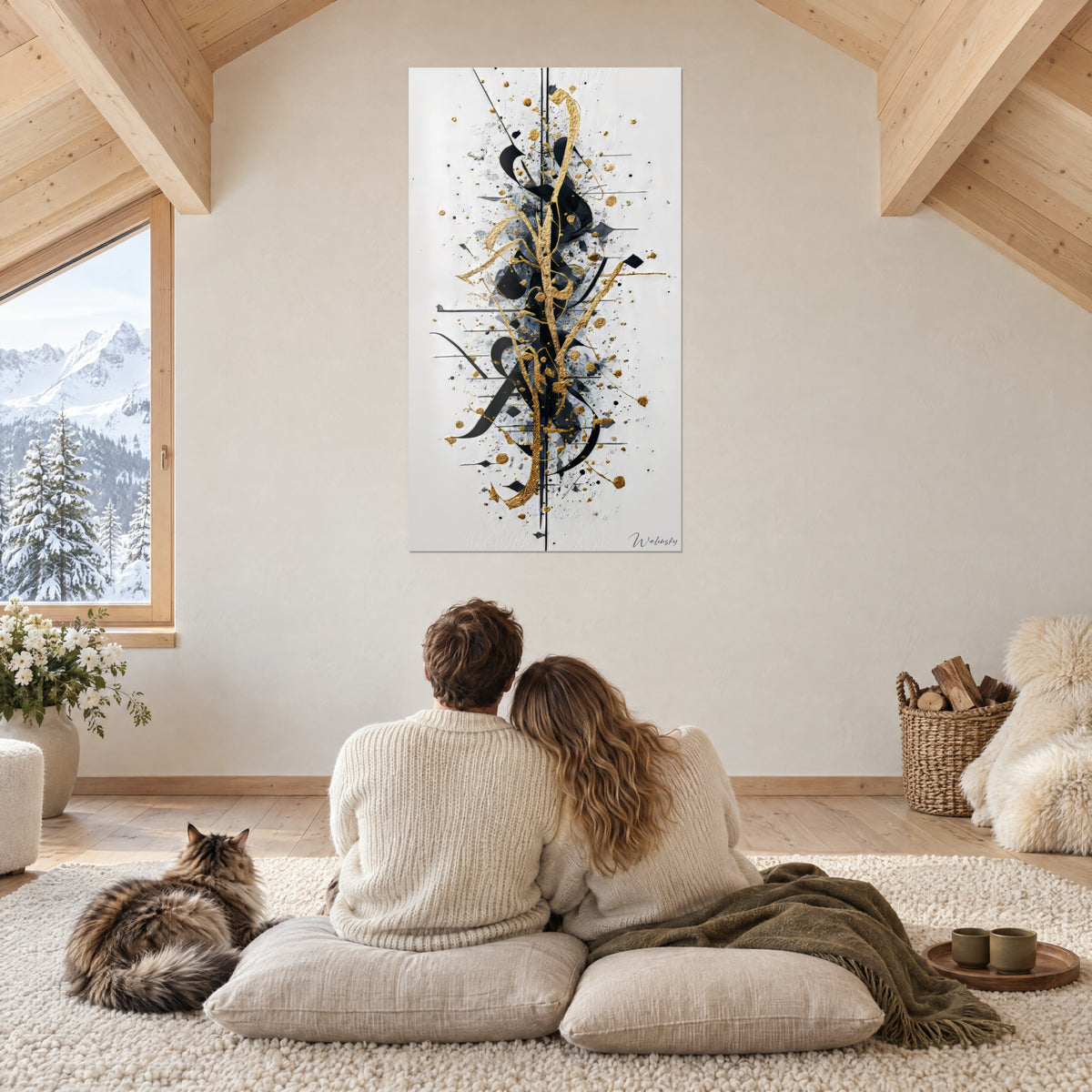 Schilderij gouden versmelting en gespatte zwarte letters op ivoren achtergrond, bewonderd door een koppel en een Maine Coon in een chalet