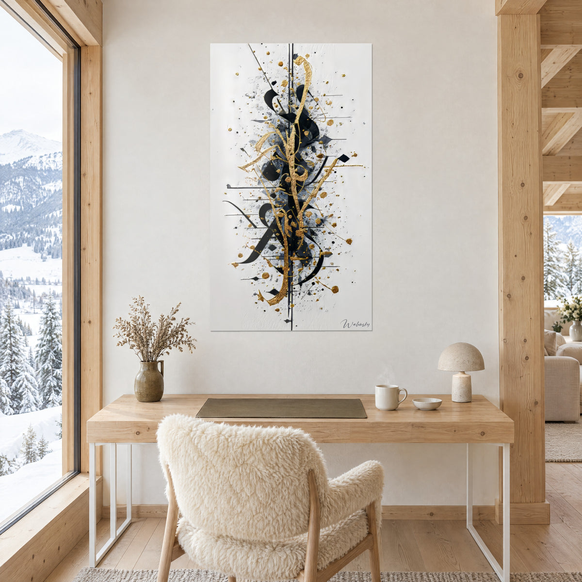 Schilderij verticale compositie van zwarte inkt, grijsblauwe scherven en gouden nuggets, aan de muur van een kantoor in licht hout