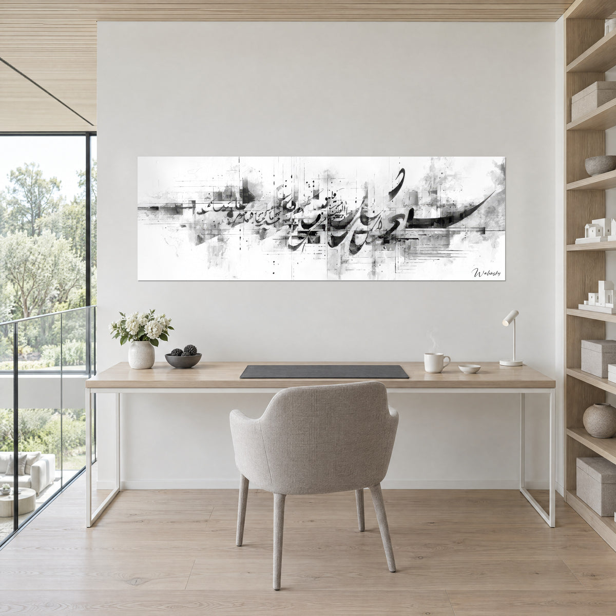 Wall art panoramic Arabic script, thick black strokes on pearl grey and white haze, wall of a study with light wood