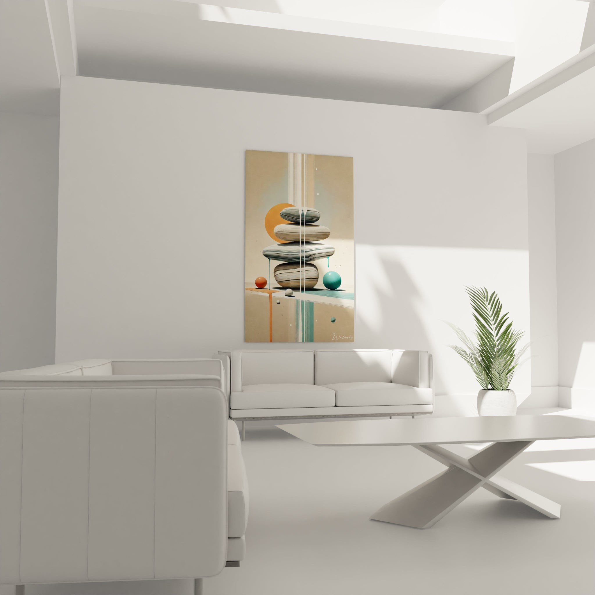 tableau zen accroché dans un salon au-dessus d un canapé beige apportant une touche zen contemporaine ses pierres empilées et teintes douces s harmonisent avec les meubles bois et les accessoires organiques

