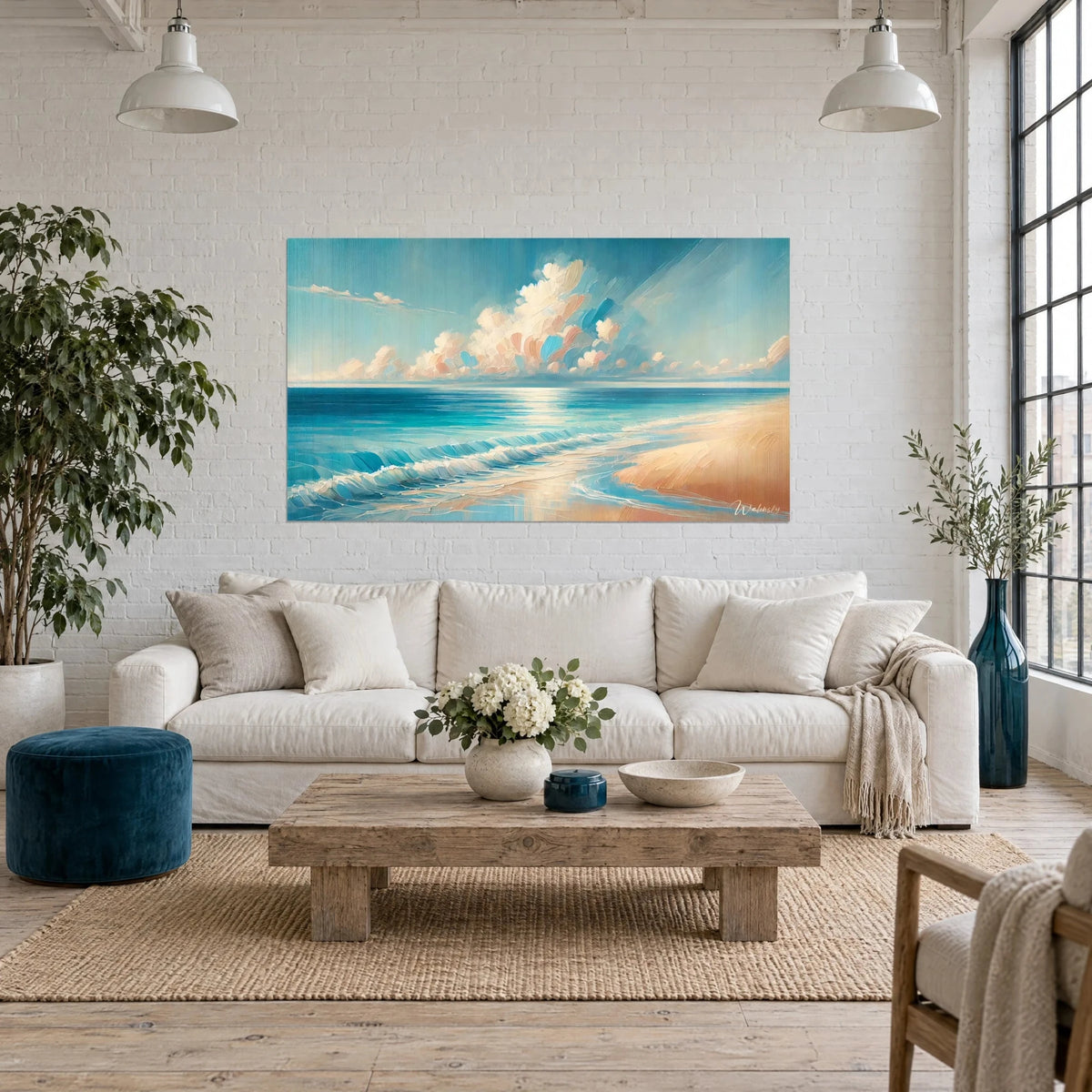 Tableau mer turquoise ourlée de vagues blanches, nuages crème et rose, plage ocre, au-dessus d'un canapé dans un salon lumineux