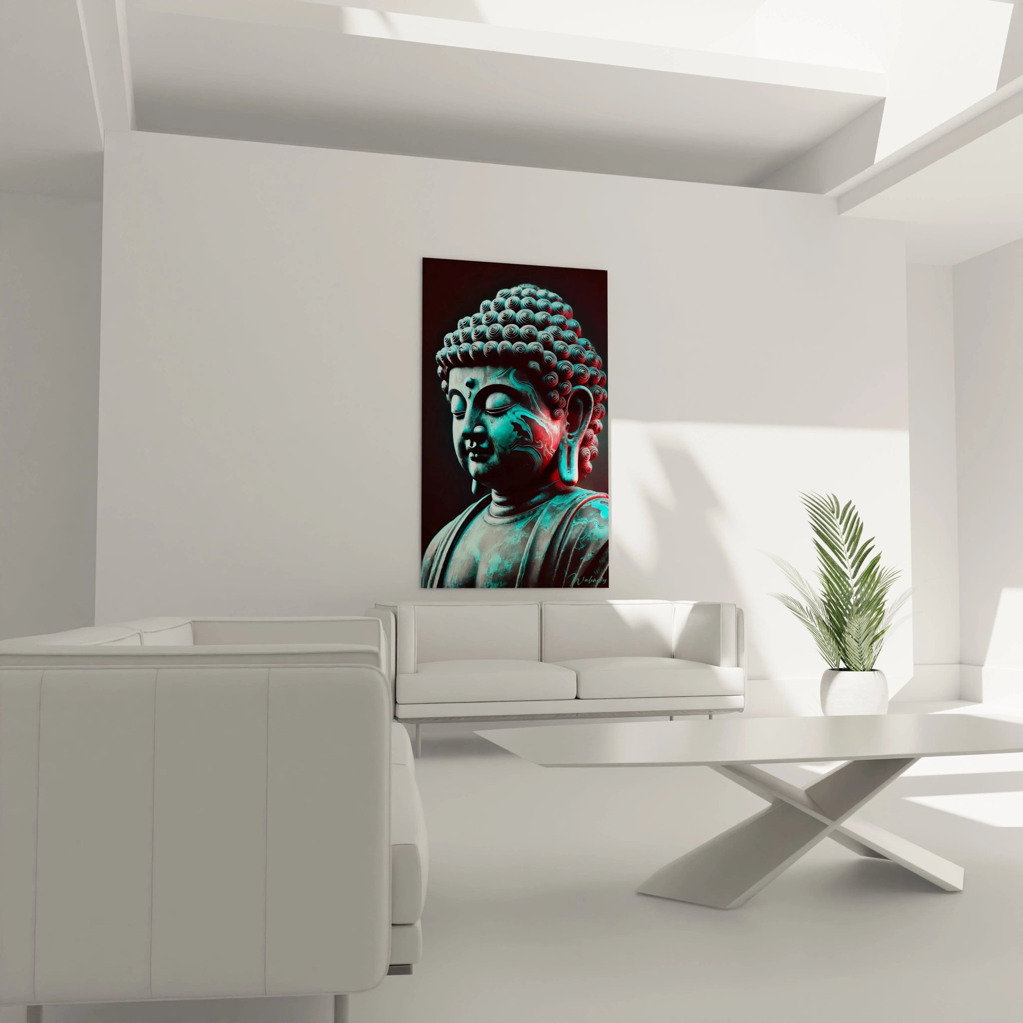 tableau zen accroche salon mur au dessus canape ambiance calme vibrant visage bouddha details tourbillonnants teintes vives equilibre energie spiritualite parfait pour introspection

