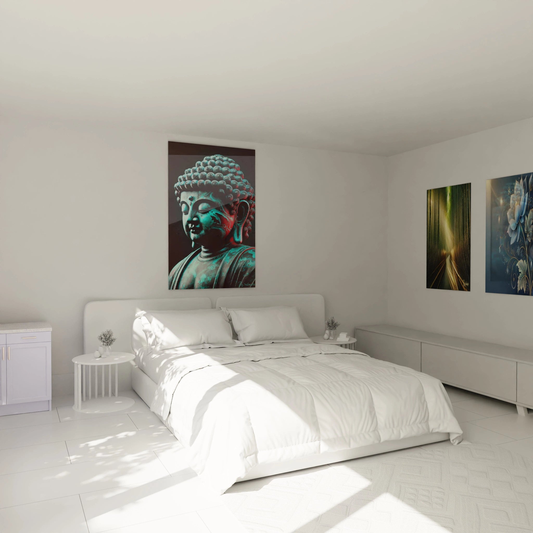 tableau zen accroche chambre mur au dessus lit visage bouddha motifs ondulants teintes turquoise rouge noir energie serenite meditation et eveil spirituel propice detente

